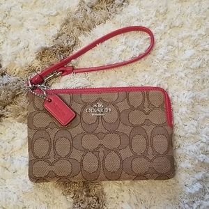 Coach Signature Single Corner Zip Red Light/Khaki